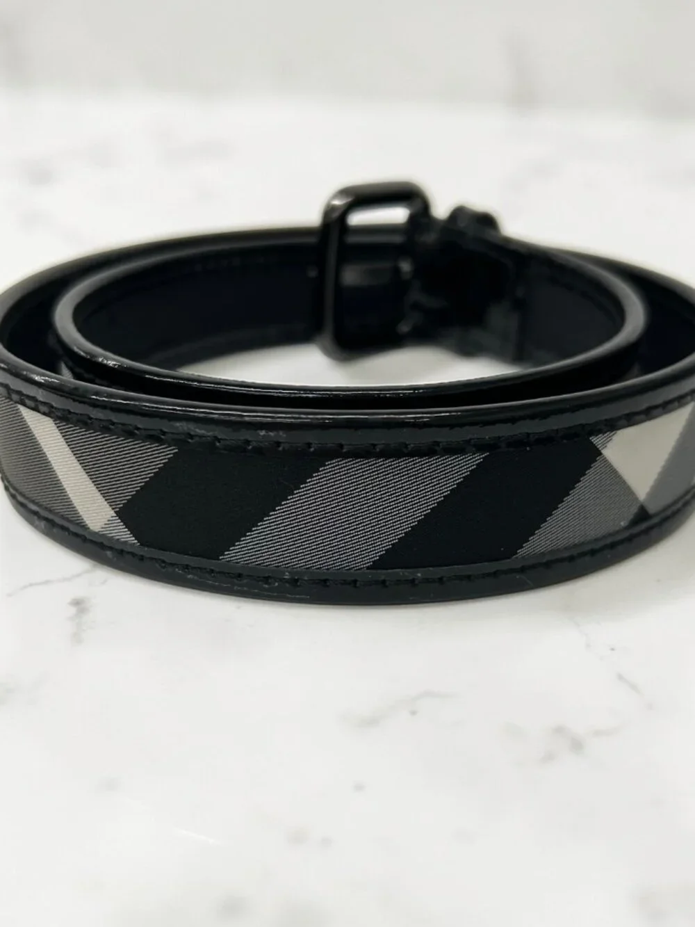 Burberry Black Beat Check and Patent Leather Belt, Size US 32